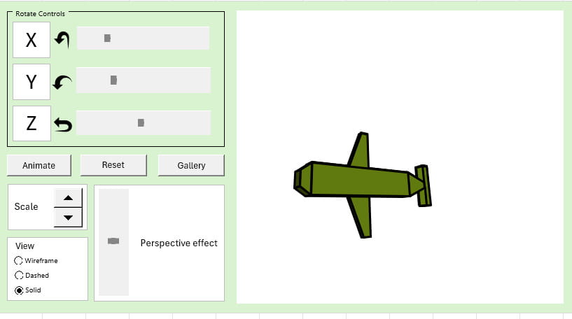 A simple interface in Excel with buttons, sliders, and radio options to rotate and change the view of a 3D plane model