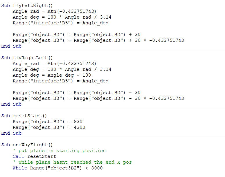 A screenshot of Excel's macros page with functions written in VBA code