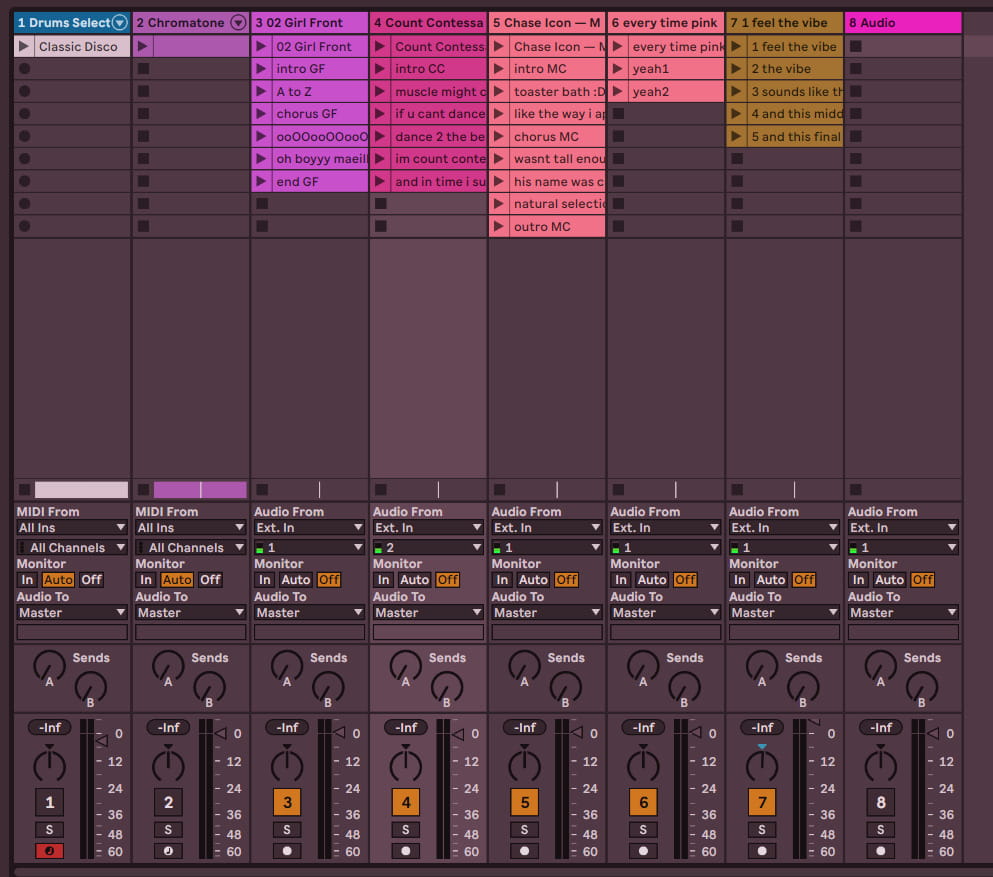 A screenshot of Ableton Live 11s session view, with seven audio tracks