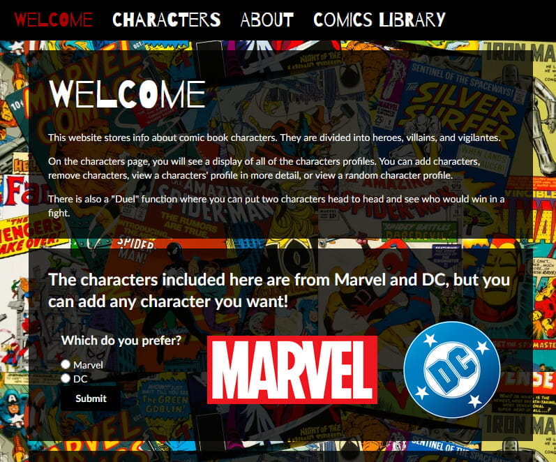 The Welcome page of comic book website, with a short introductory paragraph and a form asking users to choose their preference between DC and Marvel