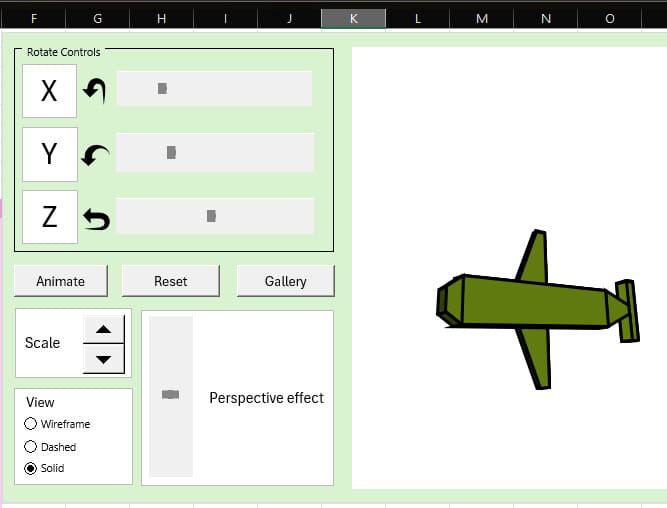 A screenshot of Excel showing a solid 3D plane model with buttons to move and scale the plane