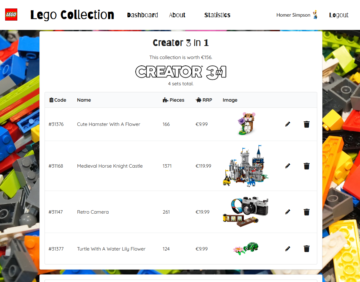 The Lego collection display page of the website, with a list of Lego sets and their images and details