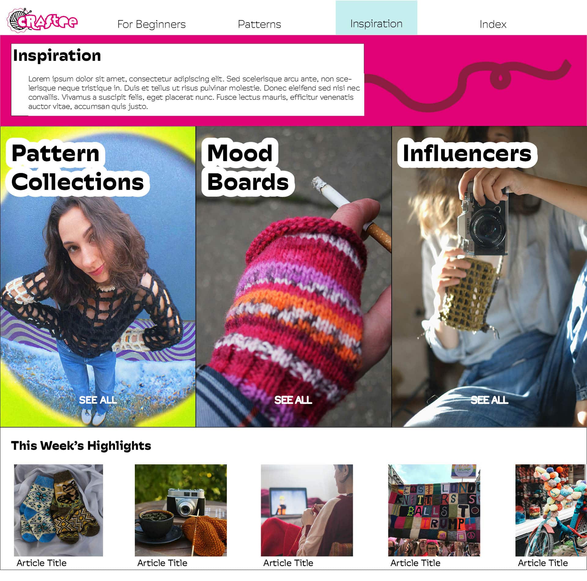 A mockup of the Inspiration page