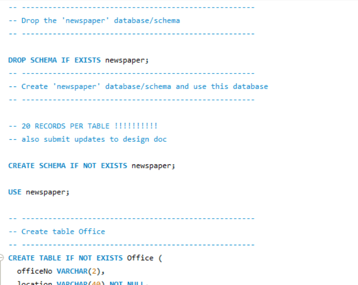 A screenshot of MySQL showing the top part of an SQL script, setting up the newspaper database