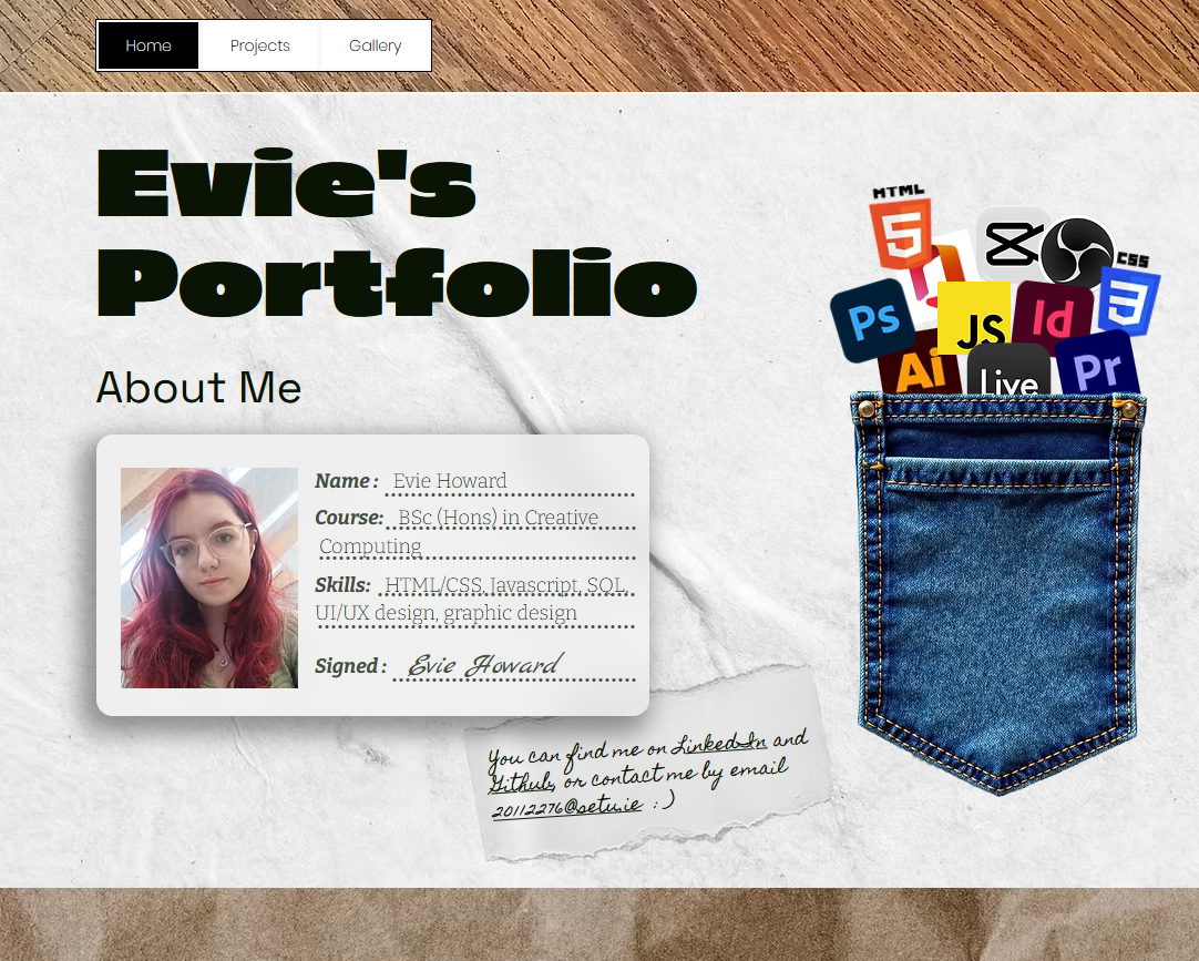 The homepage of my portfolio, done in the style of a paper collage. There is an ID card with a photo of me and a jeans pocket with different software logos.