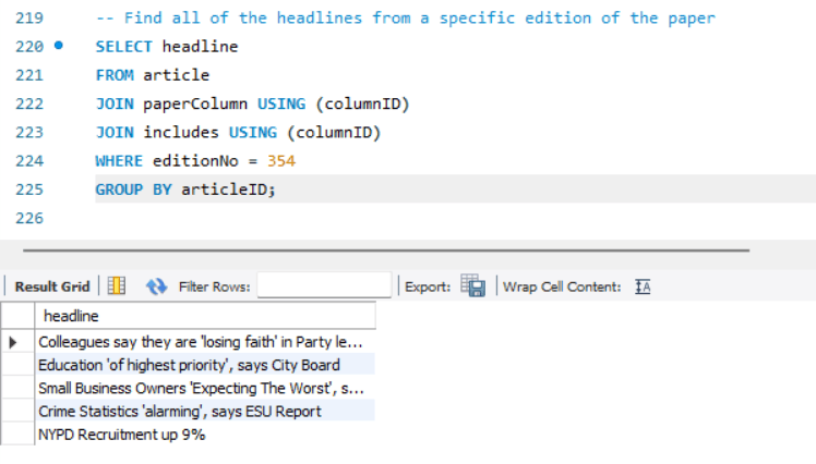 An SQL query and its output, finding all of the headlines from a specific edition of the paper