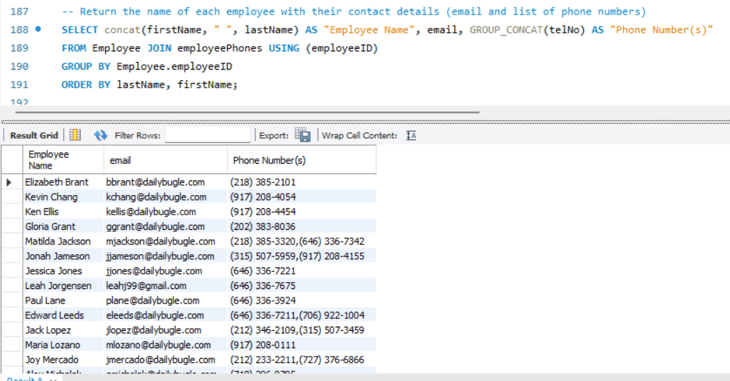 An SQL query and its output, returning the name of each employee with a list of contact details