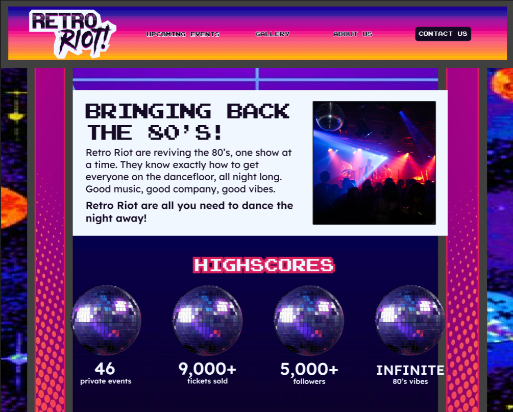 A screenshot of the Retro Riot homepage, in the shape of an orange and pink arcade cabinet with discoballs on the screen.