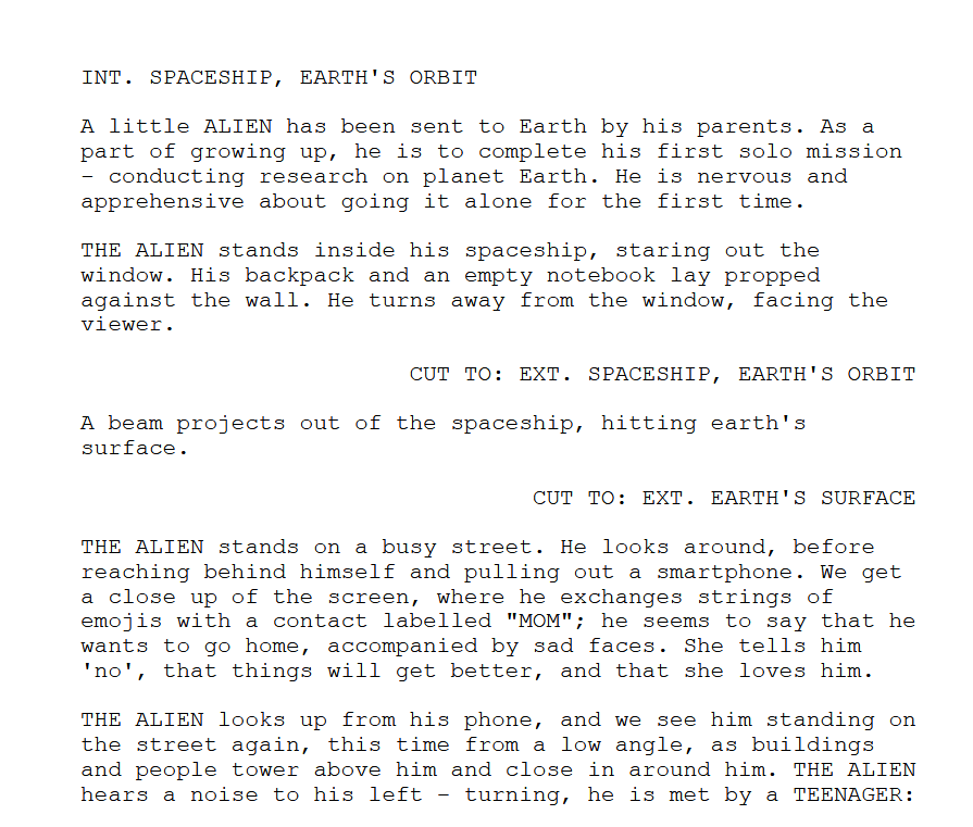 A screenshot of the start of a script, setting up the scene