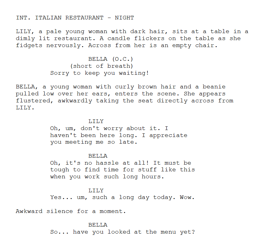 A screenshot of the the start of the script, setting up the scene in a restaurant and introducing the main characters, Lily and Bella