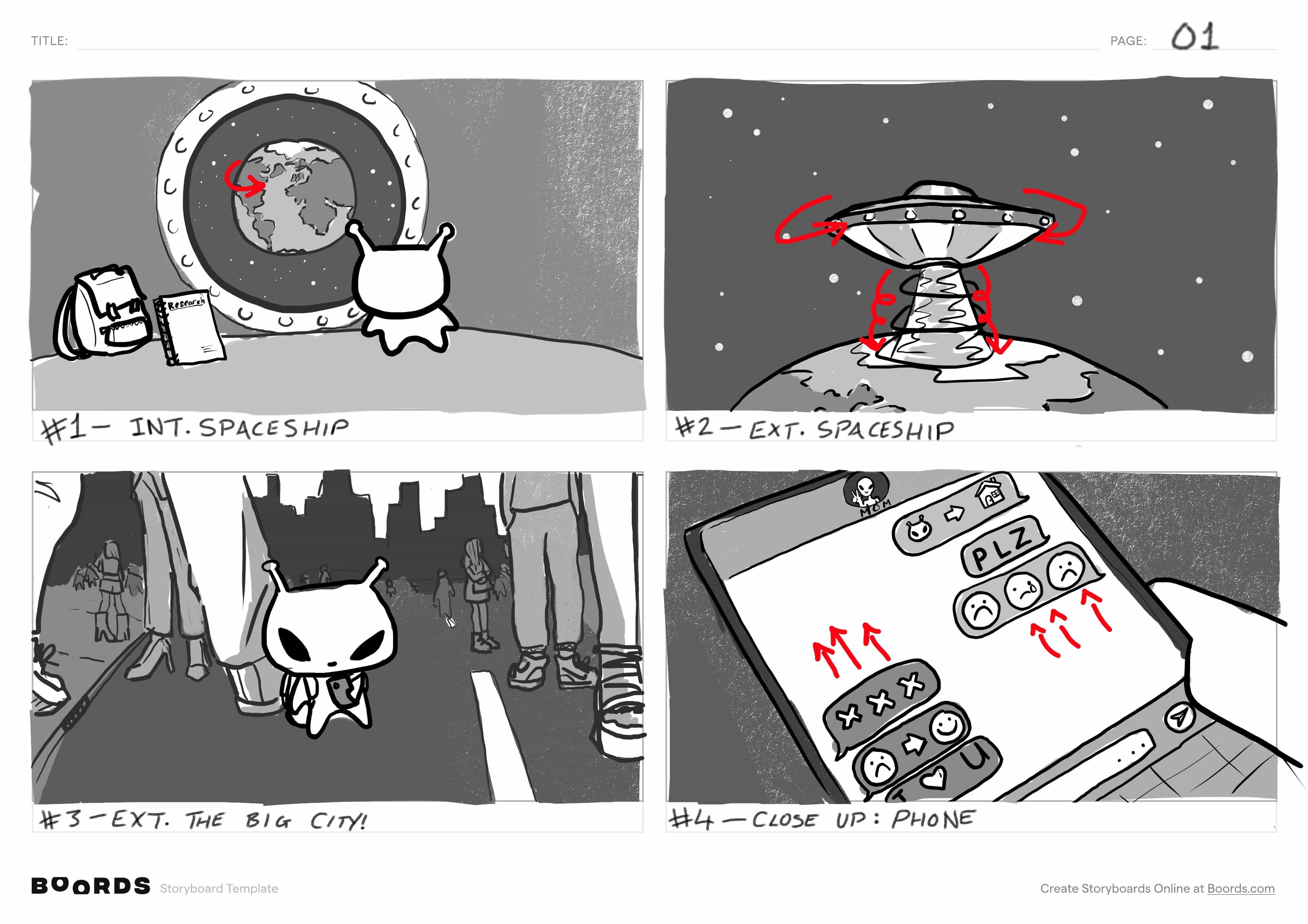 The first four panels of a storyboard where an alien looks out of his spaceship window at Earth and then arrives on Earth's surface
