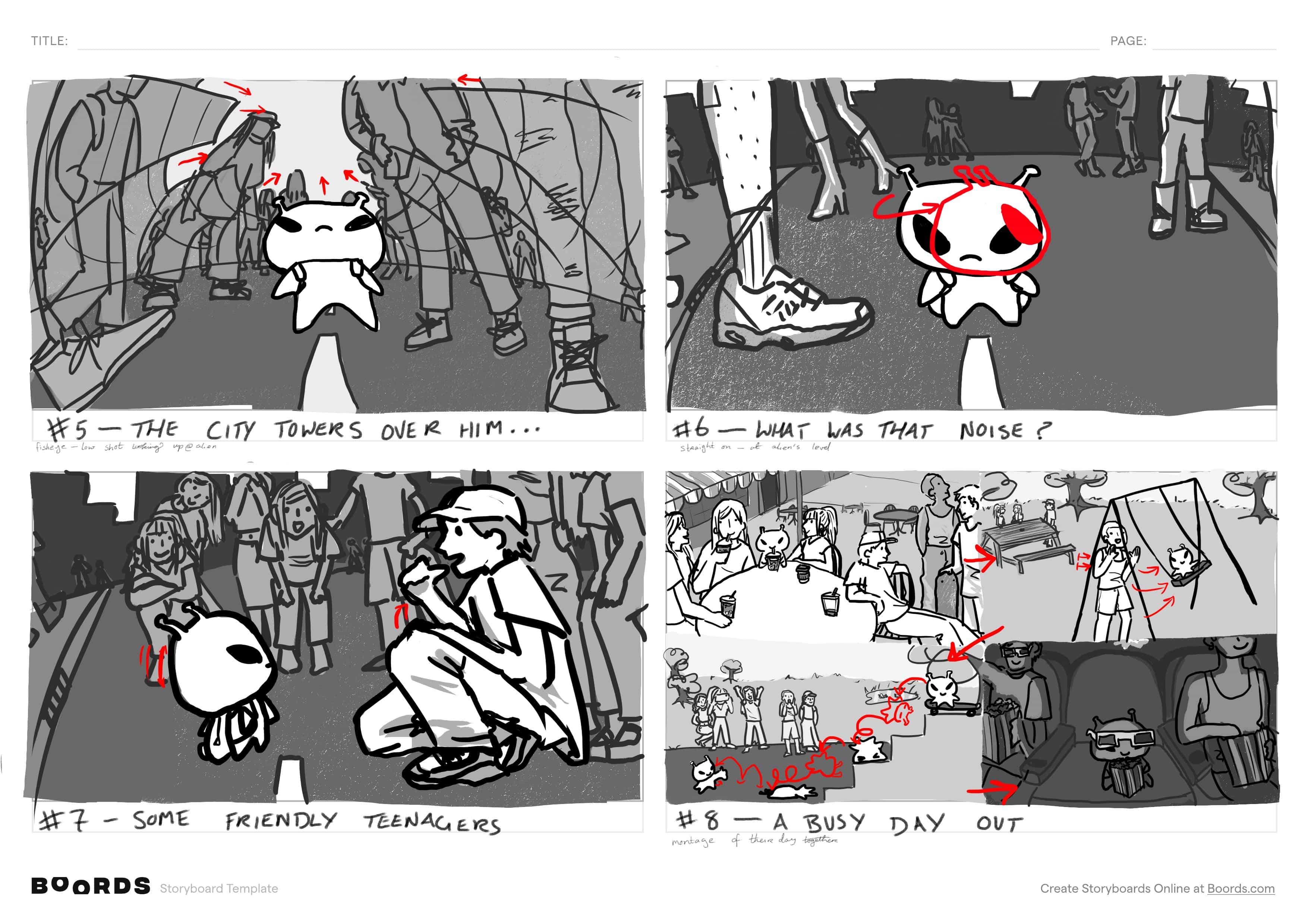 Another four panels of a storyboard where the alien looks around the busy city and meets a group of teenagers
