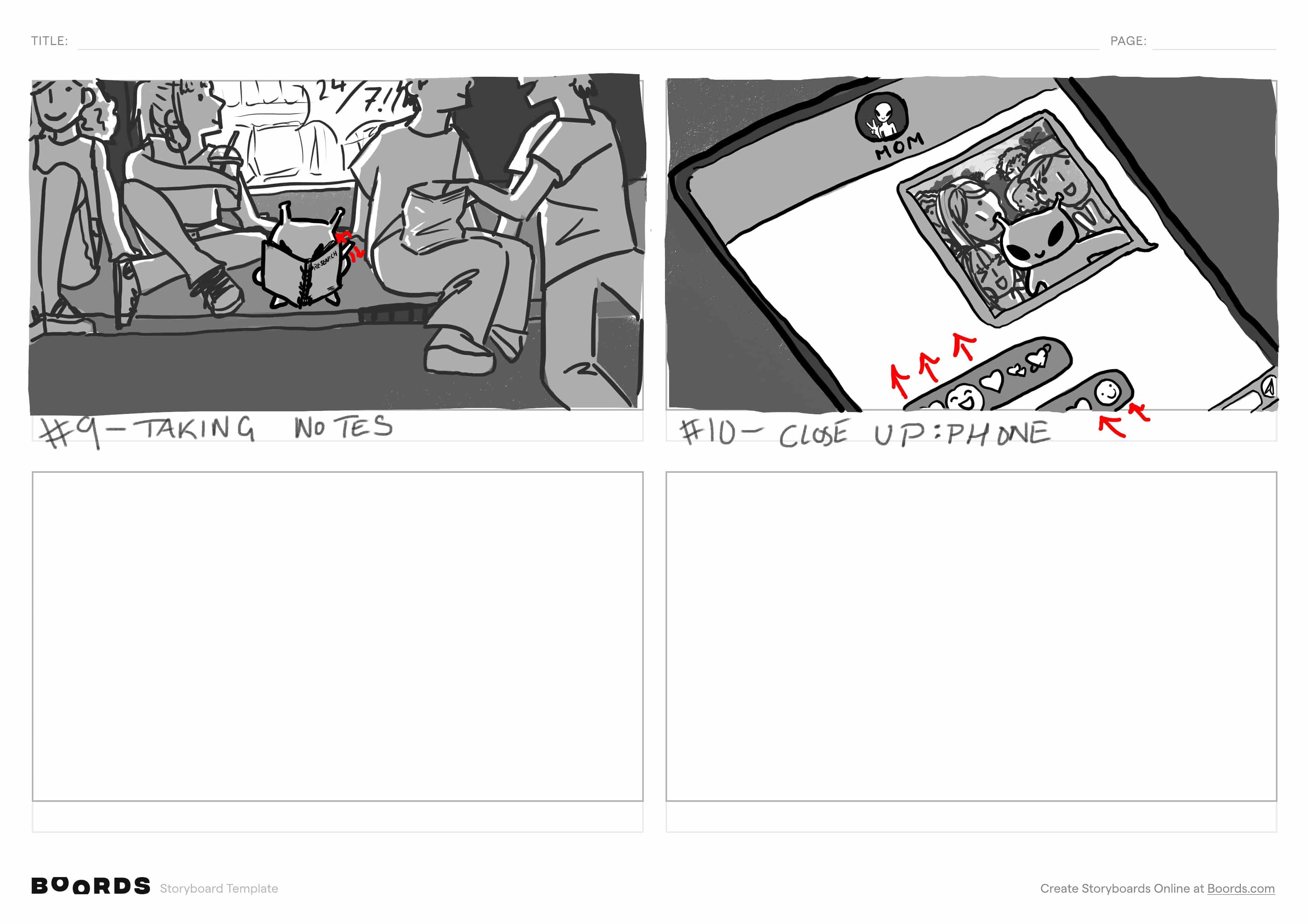 Two more panels of a storyboard where the alien writes in a notebook and texts on his phone