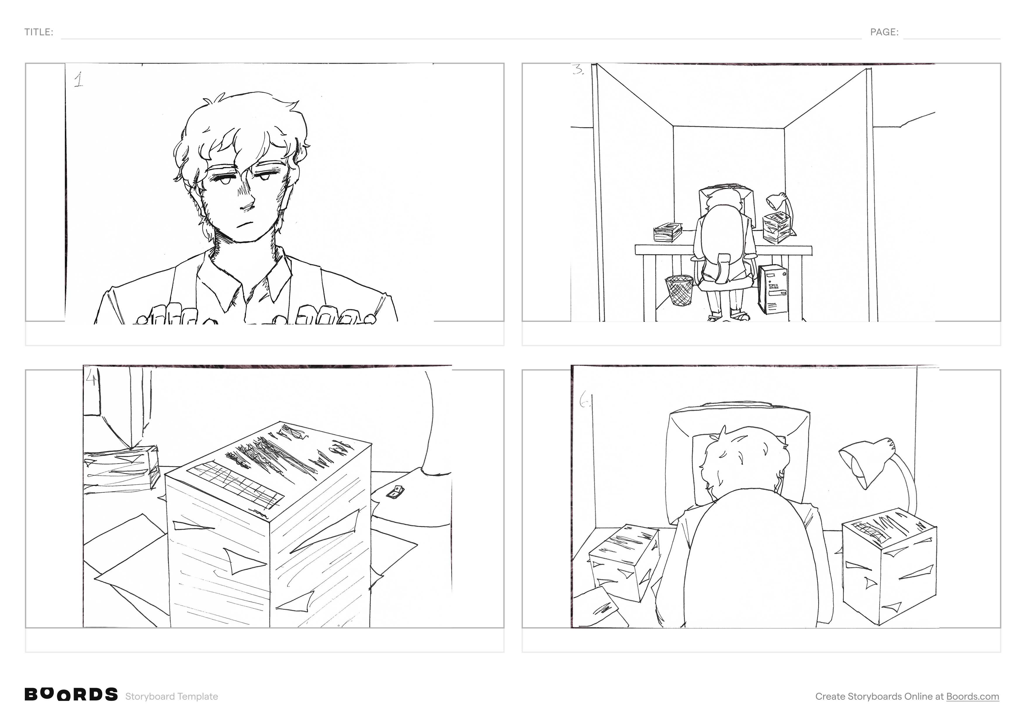 Four panels of a storyboard where a man sits at a desk