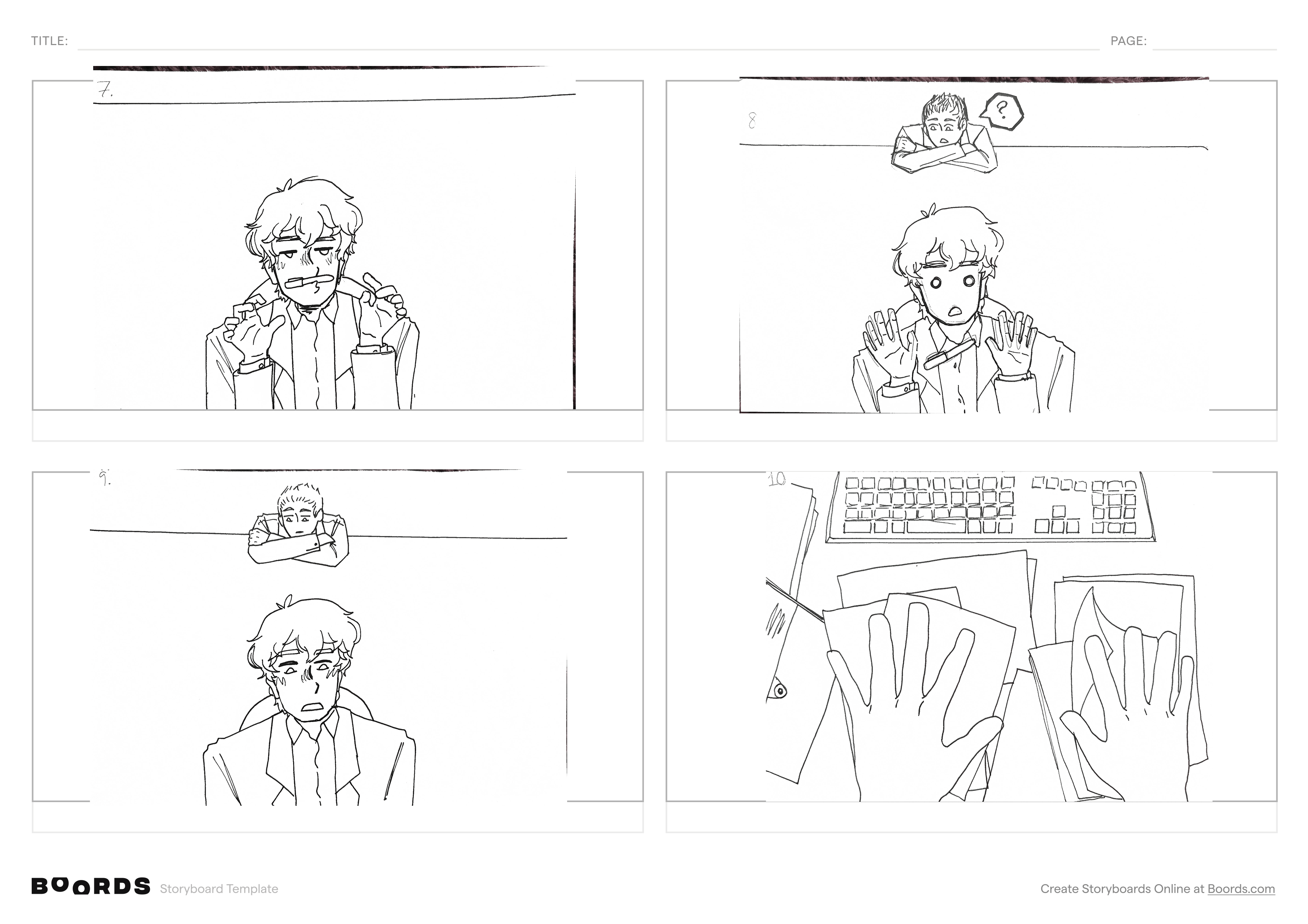Another four panels of the storyboard where the man drops a pen and searches through some paperwork
