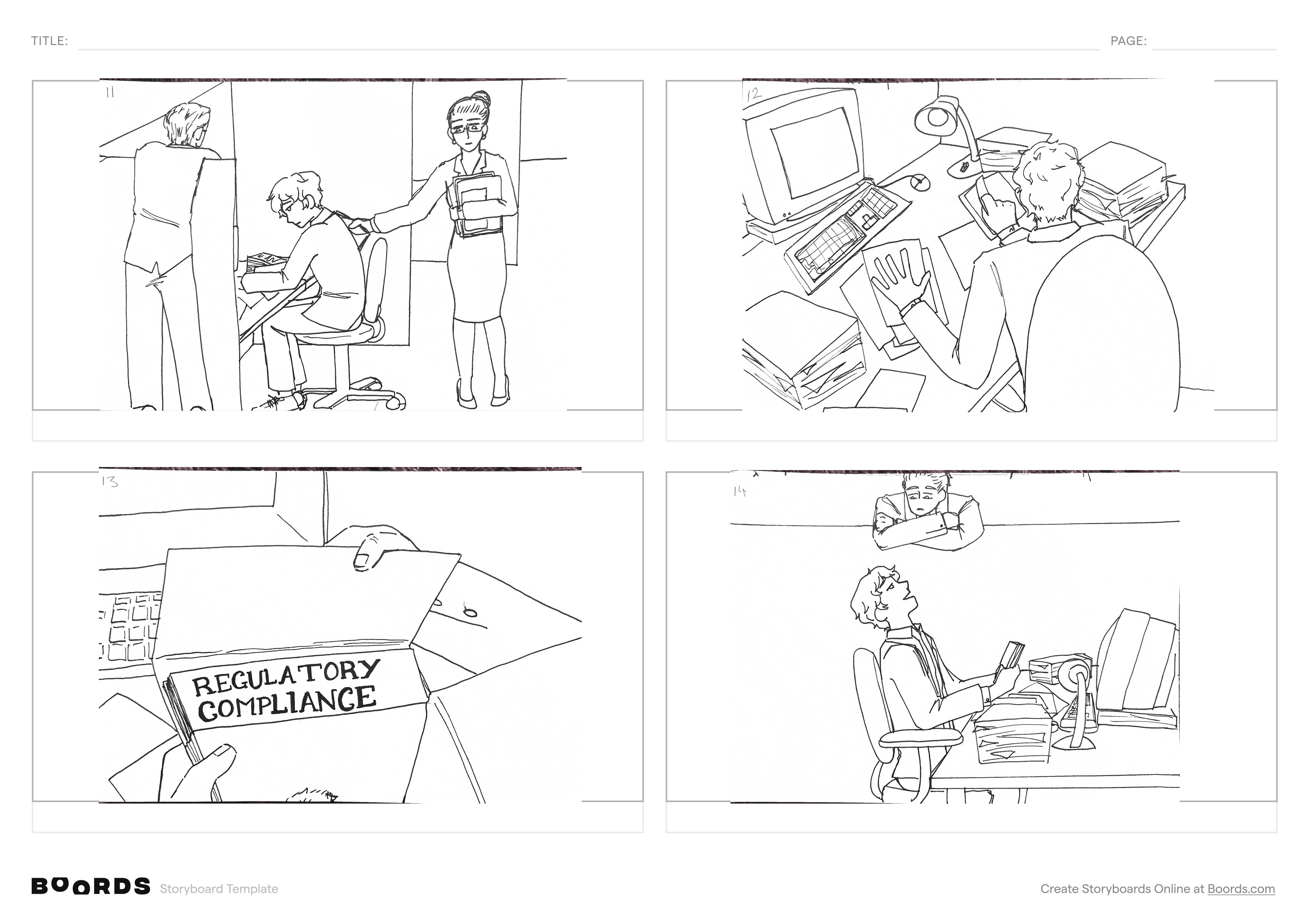 Another four panels of the storyboard where a woman gives the man a file and he talks to another man