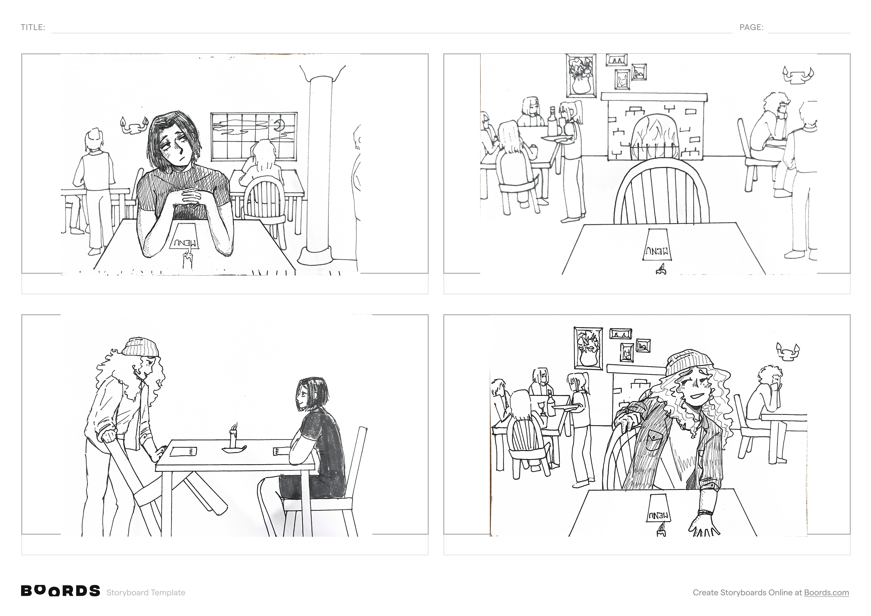 Four panels of a storyboard showing a woman sitting alone at a restaurant before being joined by another woman