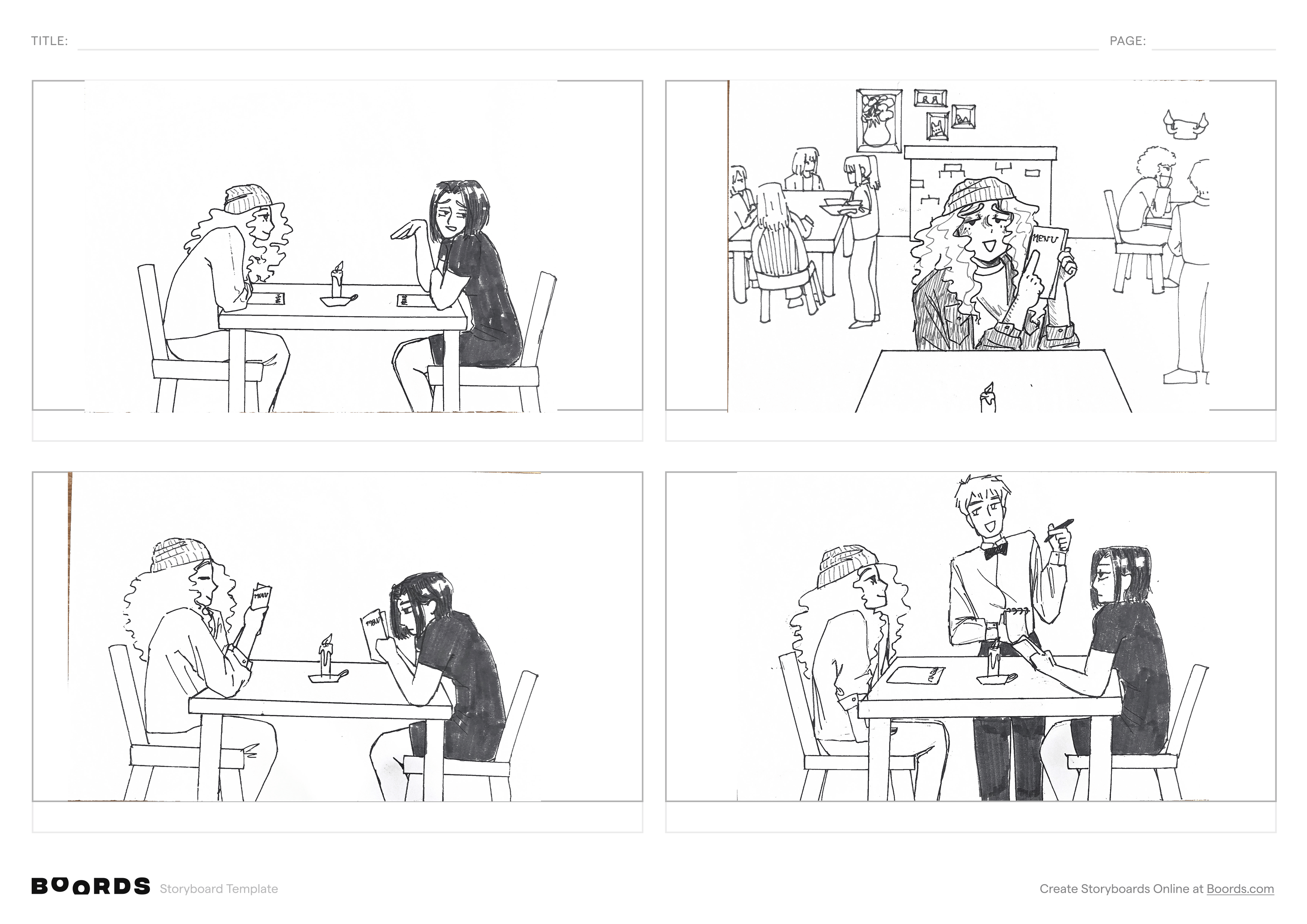 Another four panels of the storyboard showing the women talking and a waiter taking their orders