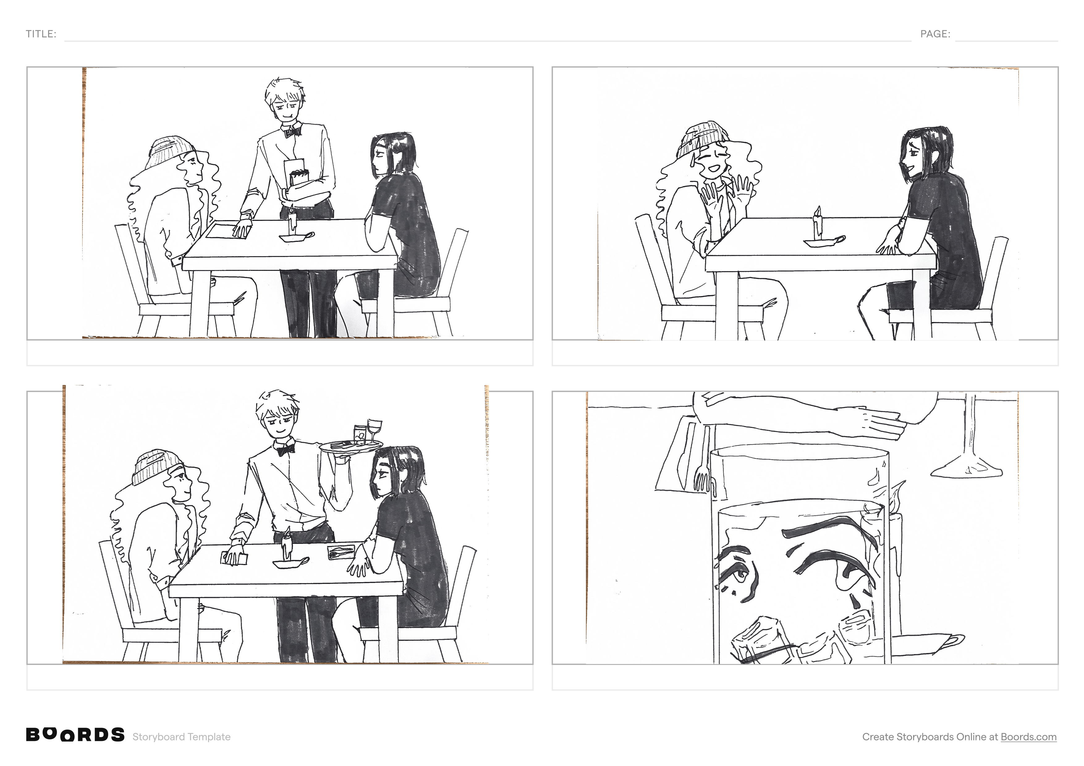 Another four panels of the storyboard showing the waiter leaving and returning with the womens' drinks