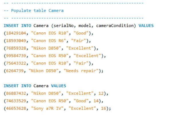 A snippet of SQL code filling the Camera table with values