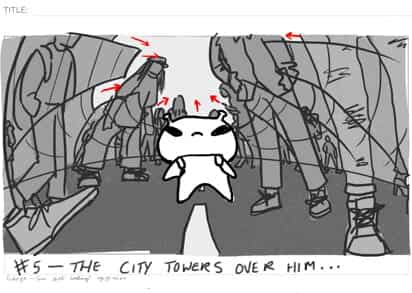A storyboard showing a small alien standing in the middle of a busy street