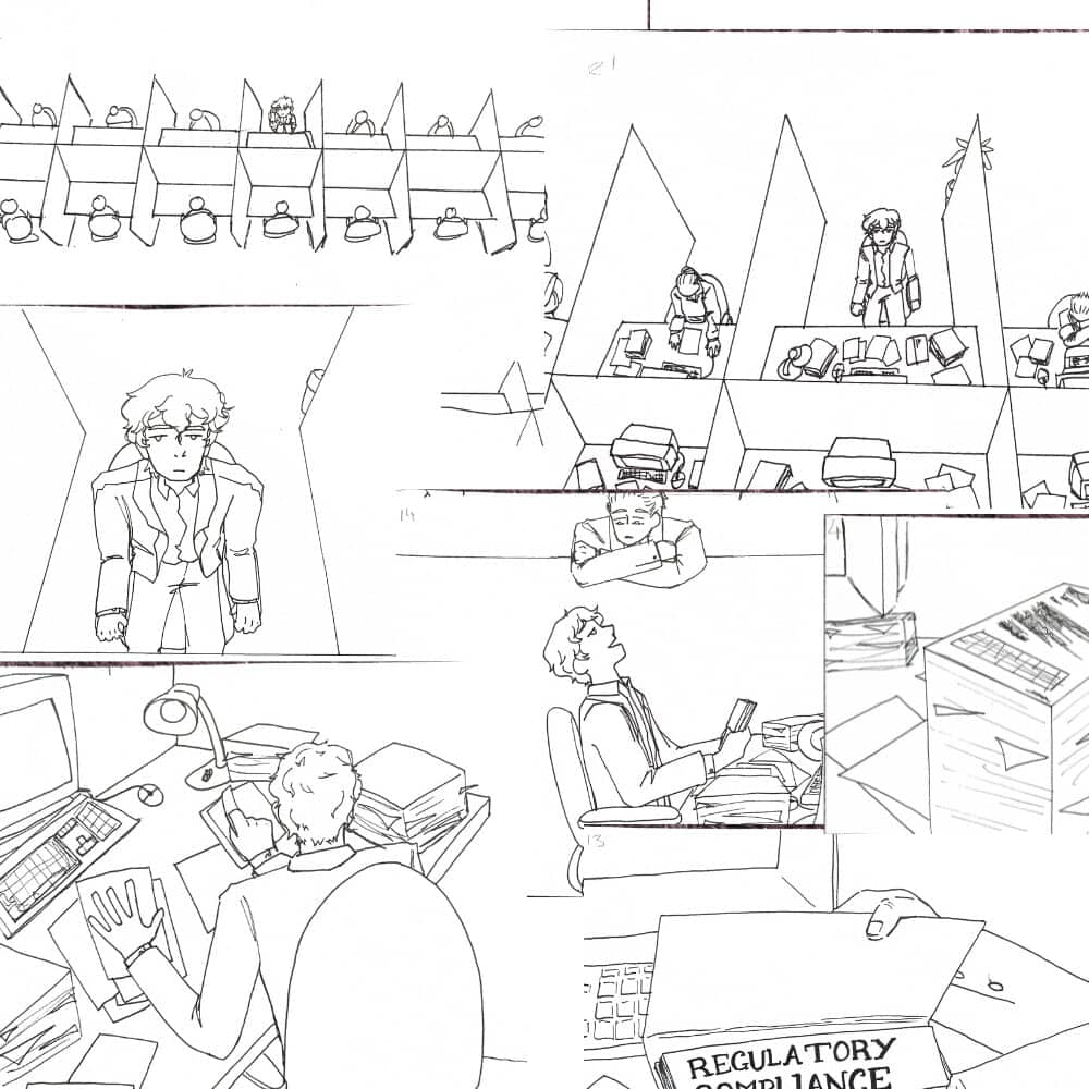 A collage of black and white storyboards
