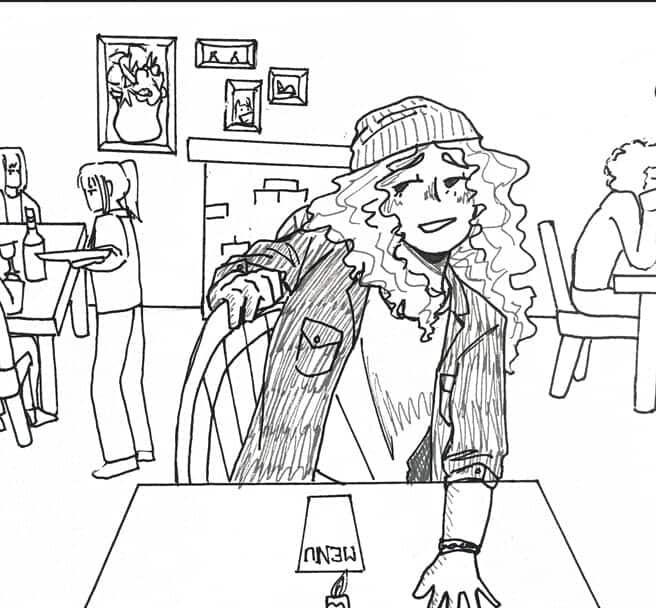 A storyboard showing a young woman sitting down at a table in a restaurant