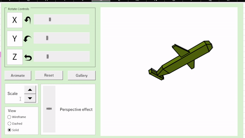 The plane is scaled up and down, changes from a less to more extreme perspective effect, and switches between wireframe and solid views.